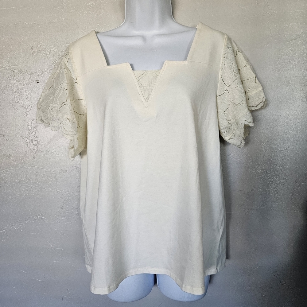 Soft Surroundings Women's Medium Ivory Short Sleeve Blouse Lace Statement Notch